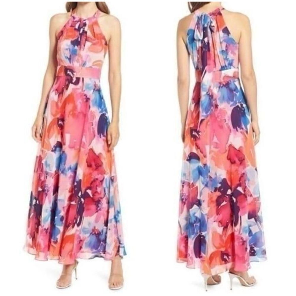 ELIZA J Vibrant Watercolor Pink Floral Popover Halter High Low Maxi $198